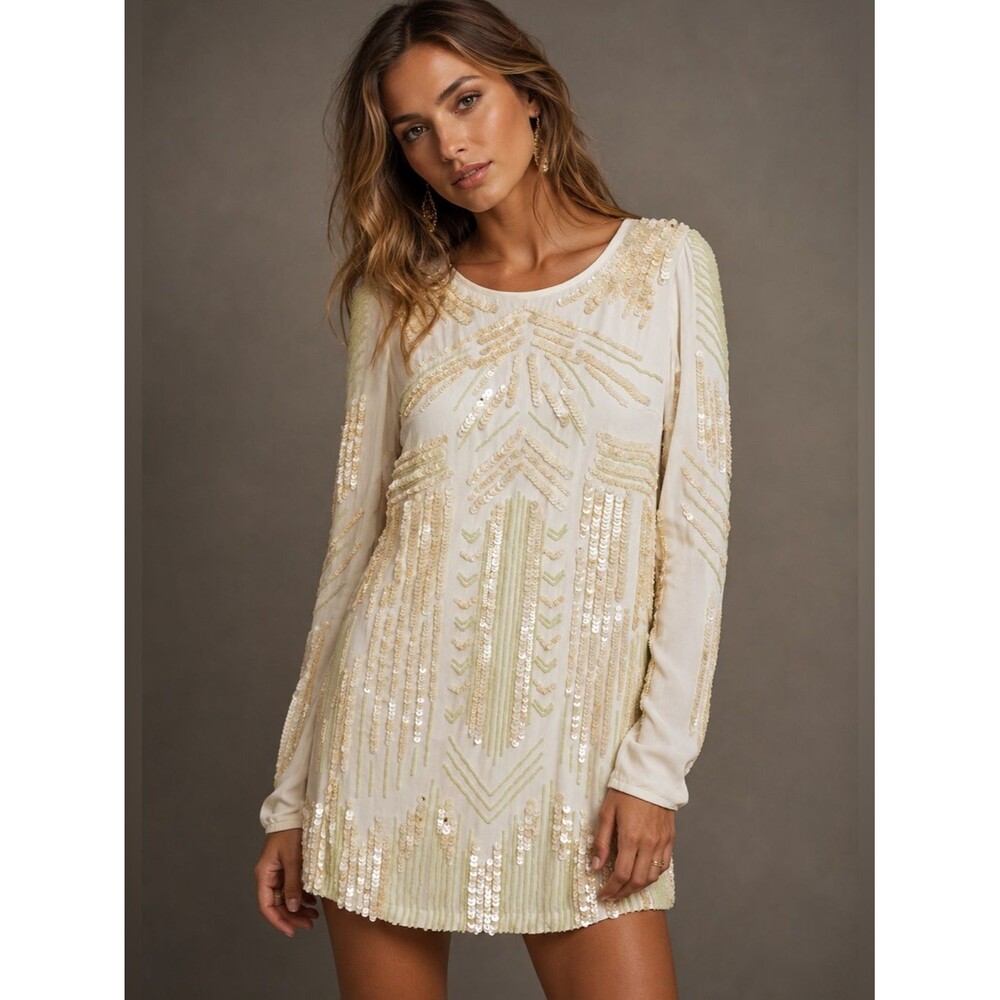 FREE PEOPLE LIMITED EDITION Ivory Art Deco Embellished Mini Dress Sequin Rare